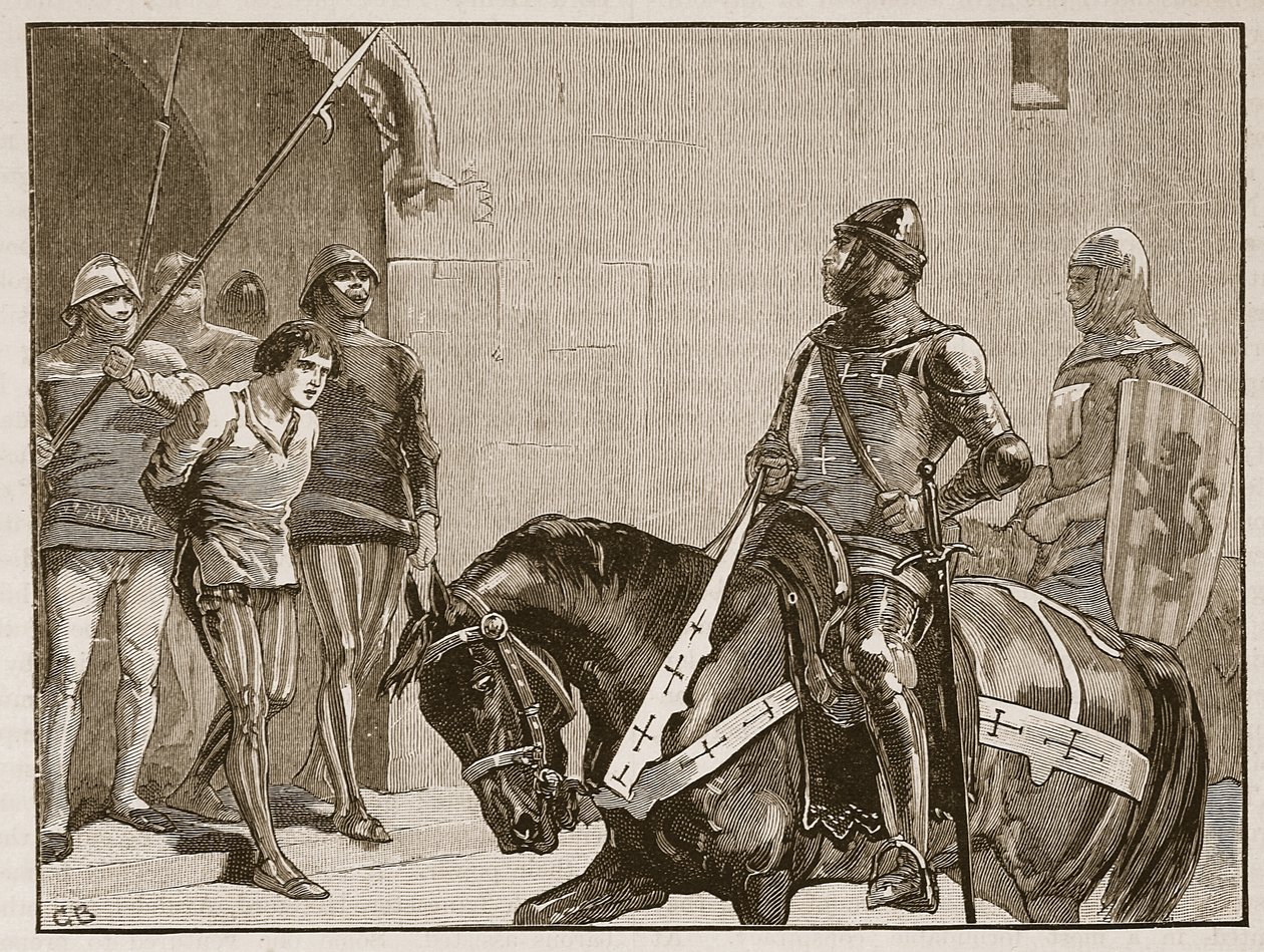Piers Gaveston antes do conde de Warwick, ilustração da história ilustrada de Cassells da Inglaterra (foto sépia) de English School