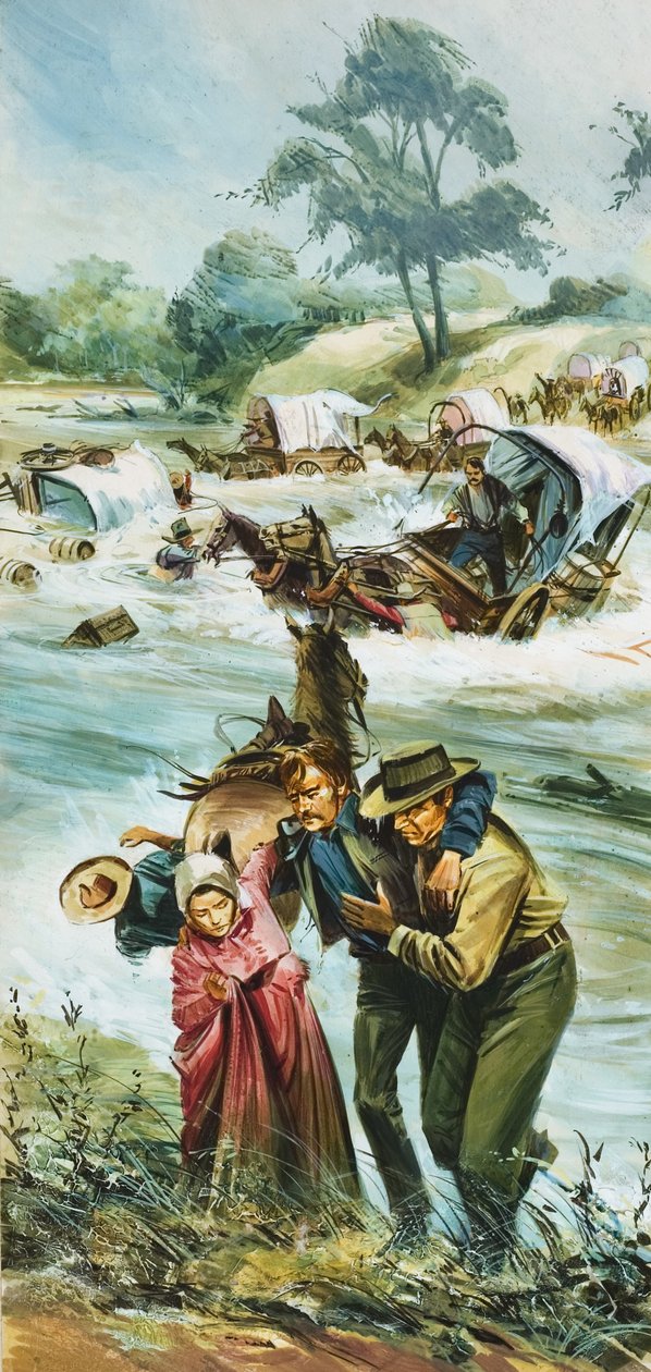 Pioneiros a atravessar o rio Arkansas não domesticado no início da década de 1880 (guache sobre papel) de English School