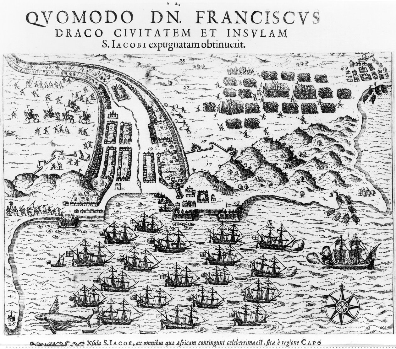 Plano mostrando como Francis Drake (c.1540-96) invadiu e segurou a ilha de San Jacob de English School