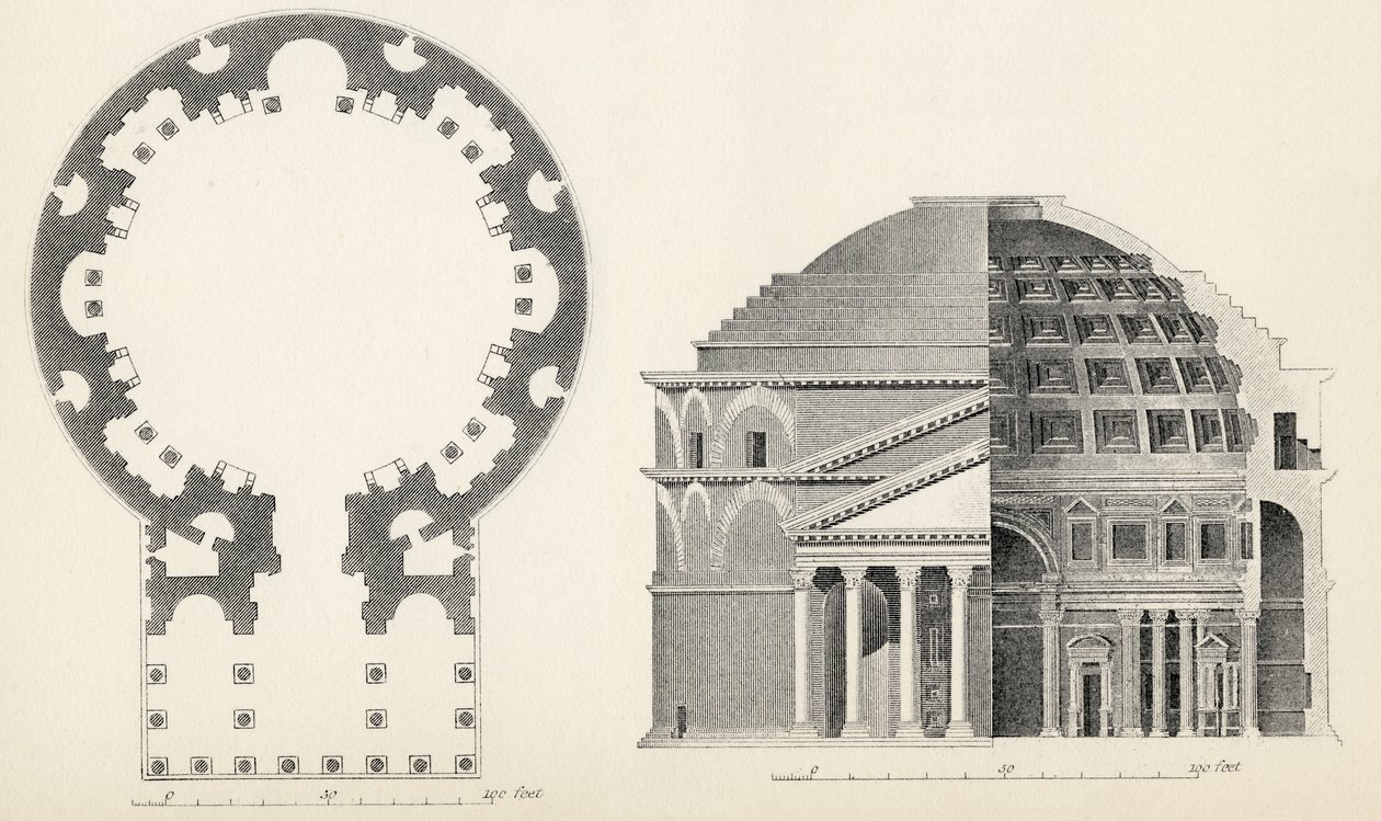 Plano e elevação do Panteão de Roma, da The National Enclopaedia, publicado por William Mackenzie, Londres, final do século XIX de English School