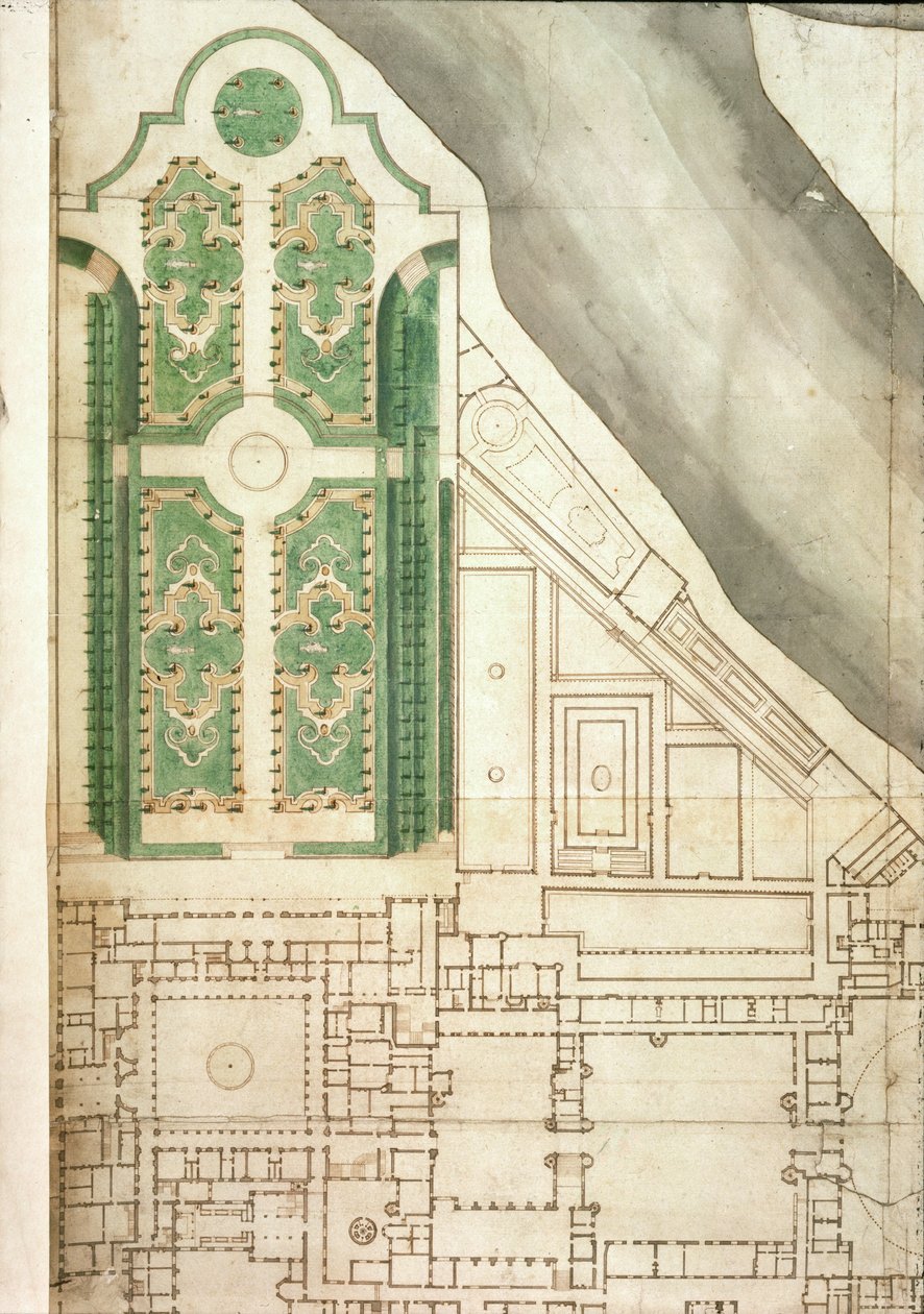 Plano de Hampton Court e seus jardins, c.1714 (caneta e tinta e wc no papel) de English School