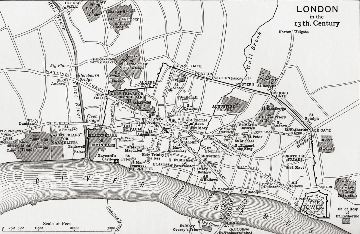 Plano de Londres no século XIII, de "Uma Breve História do Povo Inglês", de JR Green, publicado em 1893 de English School