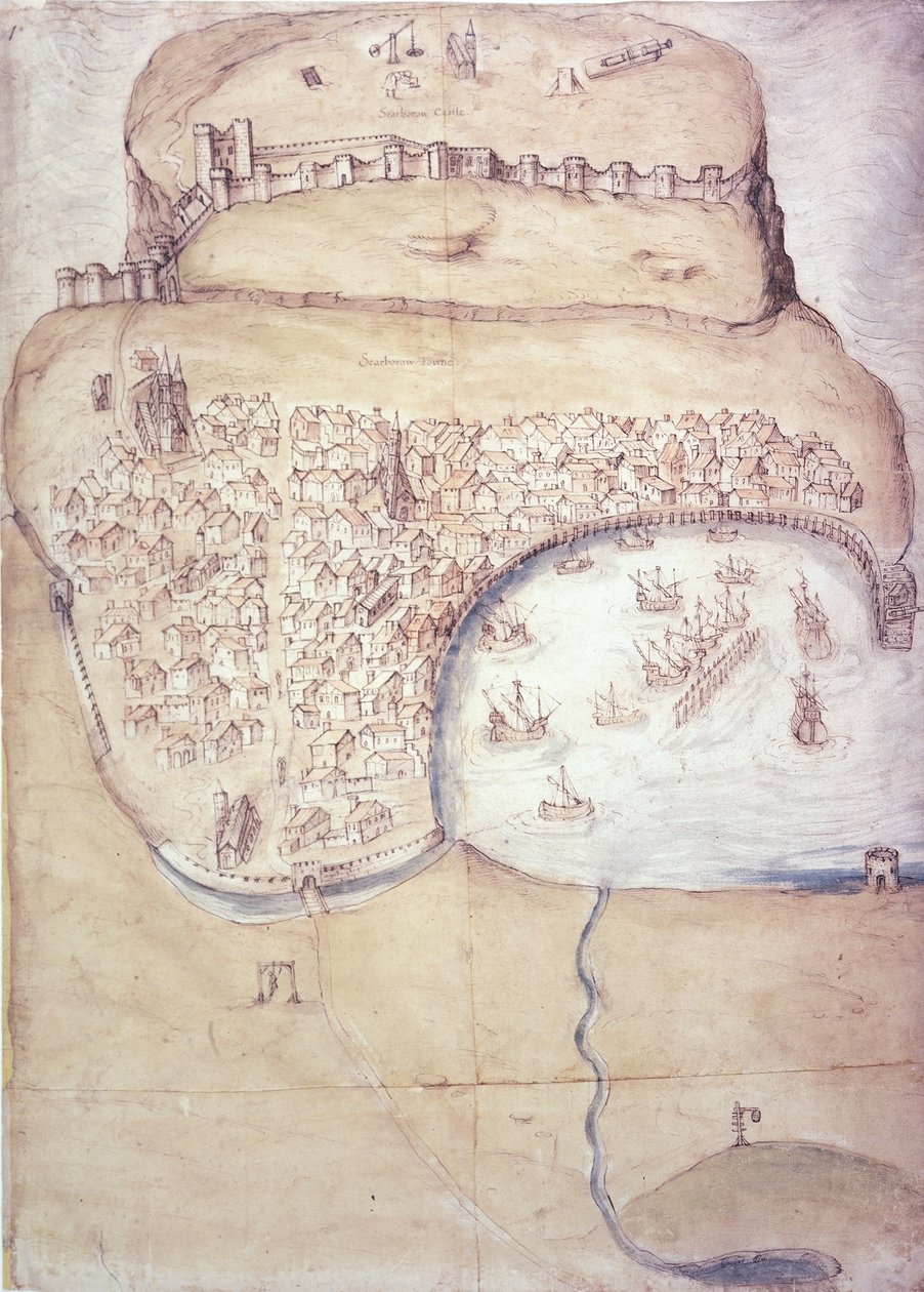 Plano de Scarborough e suas defesas, c.1540 (lito a cores) de English School