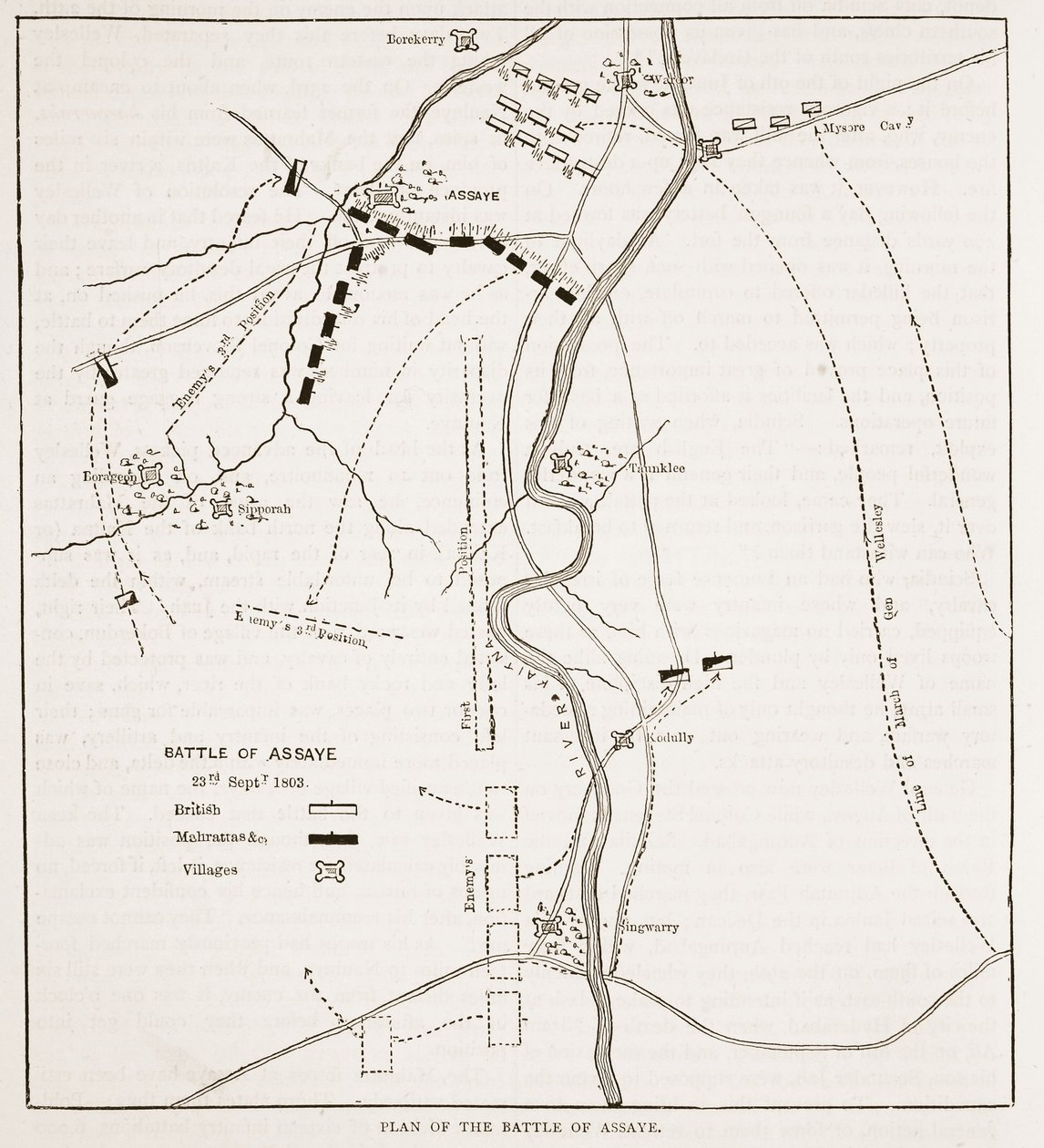 Plano da batalha de Assaye, ilustração da história ilustrada de Cassells da Índia por James Grant, bar. 1879 de English School