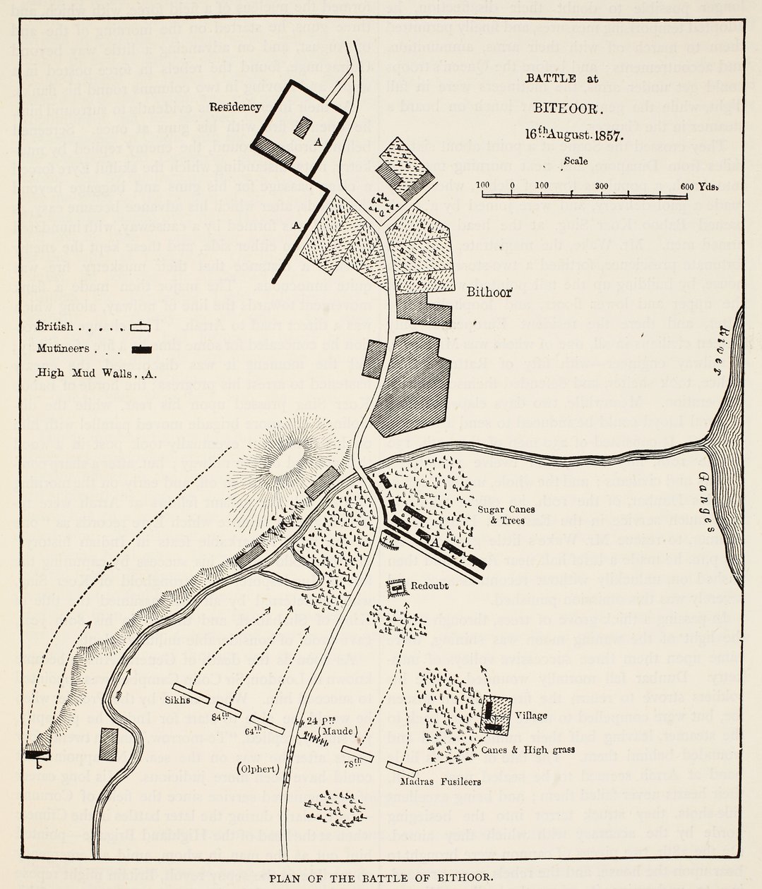 Plano da Batalha de Bithoor, 16 de agosto de 1857, de Cassells Illustrated History of England de English School