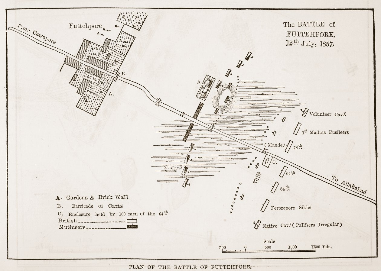 Plano da Batalha de Futtehpore, 12 de julho de 1857, de Cassells Illustrated History of England de English School
