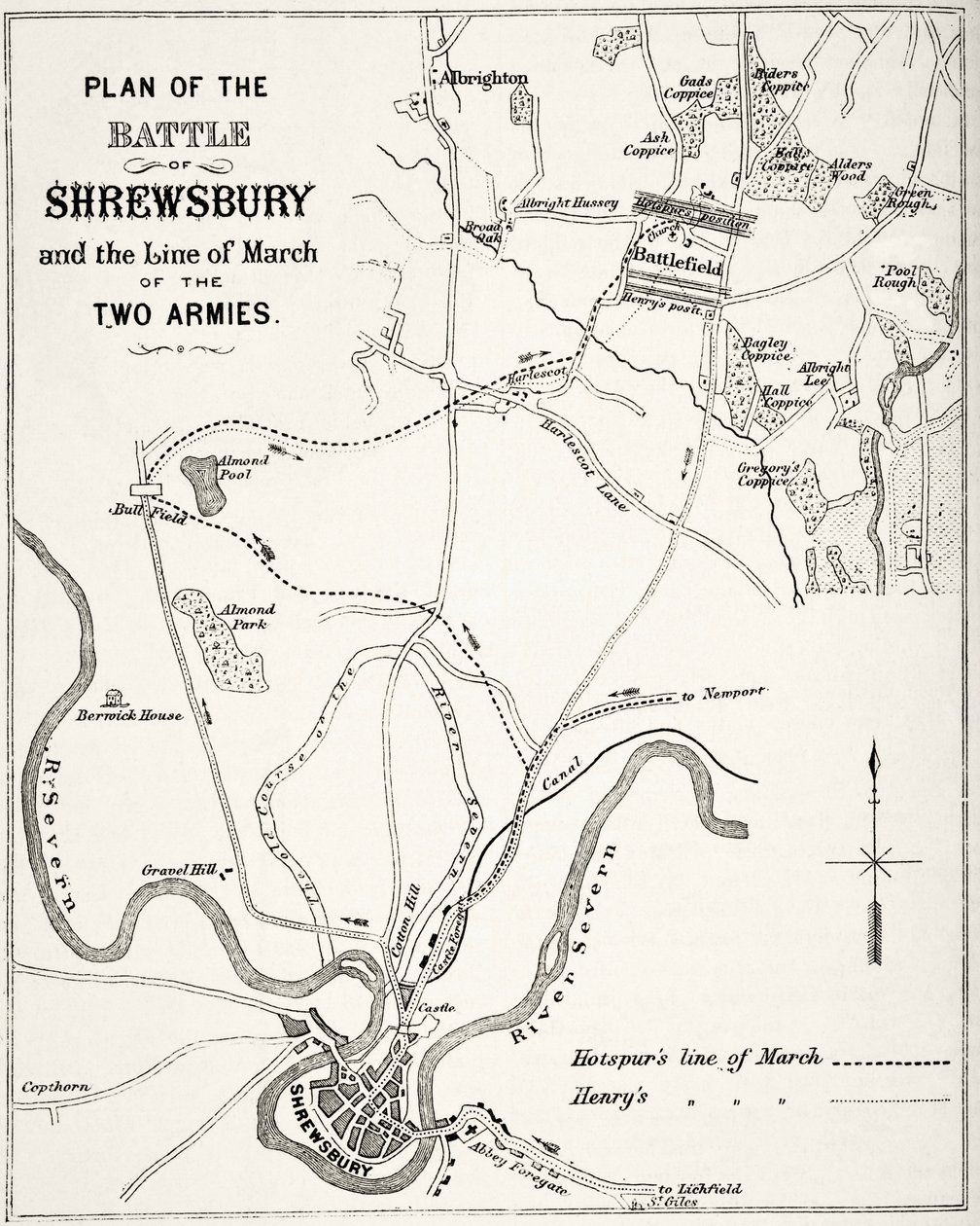 Plano da Batalha de Shrewsbury, 21 de julho de 1403, de "A História Nacional e Nacional da Inglaterra", de William Hickman Smith Aubrey (1858-1916) publicou Londres, c.1890 de English School
