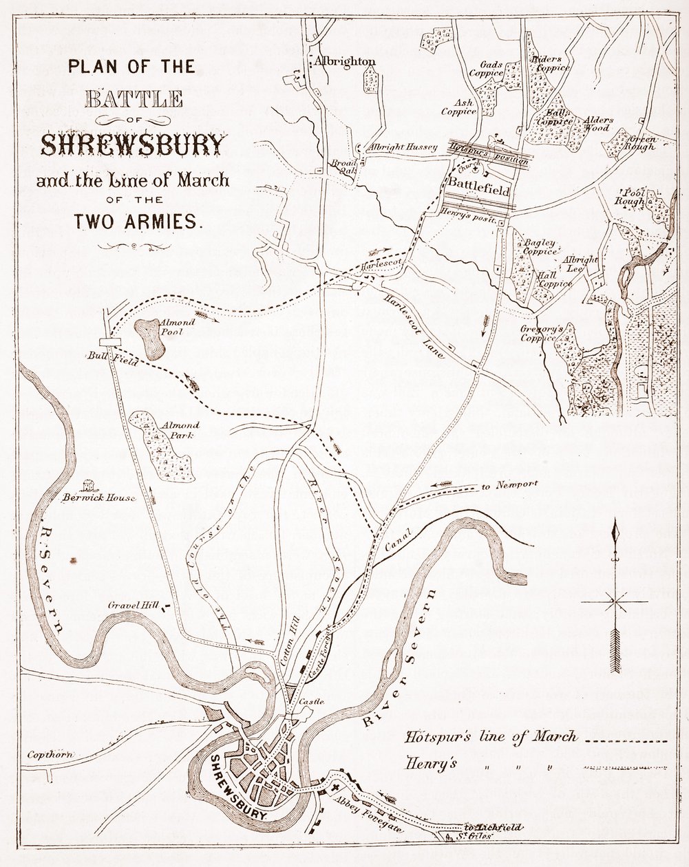 Plano da Batalha de Shrewsbury e a Linha de Março dos Dois Exércitos de English School