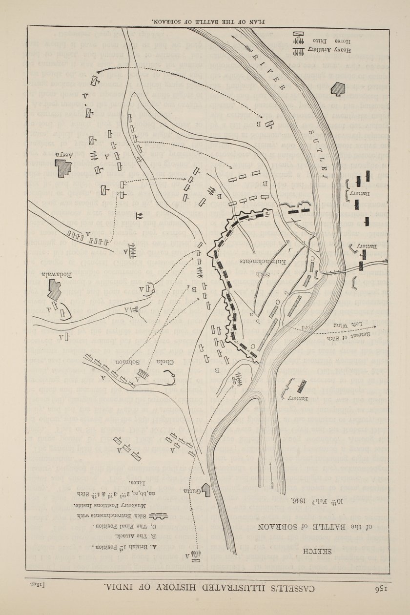 Plano da batalha de Sobraon, 10 de fevereiro de 1846, ilustração da história ilustrada de Cassells da Inglaterra de English School