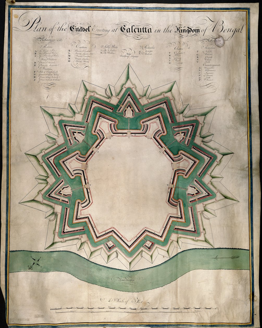 Plano da Cidadela de Calcutá e Fort William, o Armazém Fortificado da Companhia das Índias Orientais, c.1750 (caneta & tinta & aguarela sobre papel) de English School