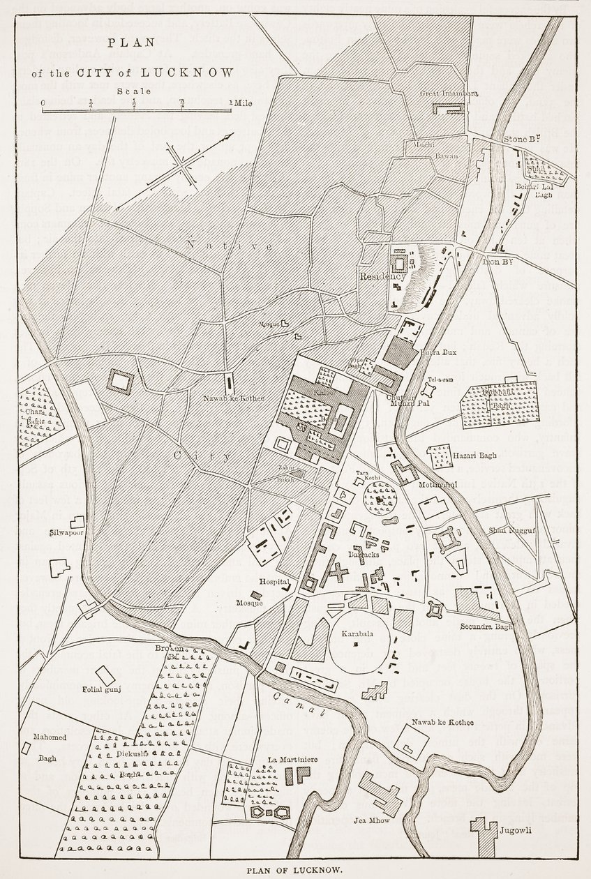 Plano da cidade de Lucknow, da história ilustrada de Cassells da Inglaterra de English School
