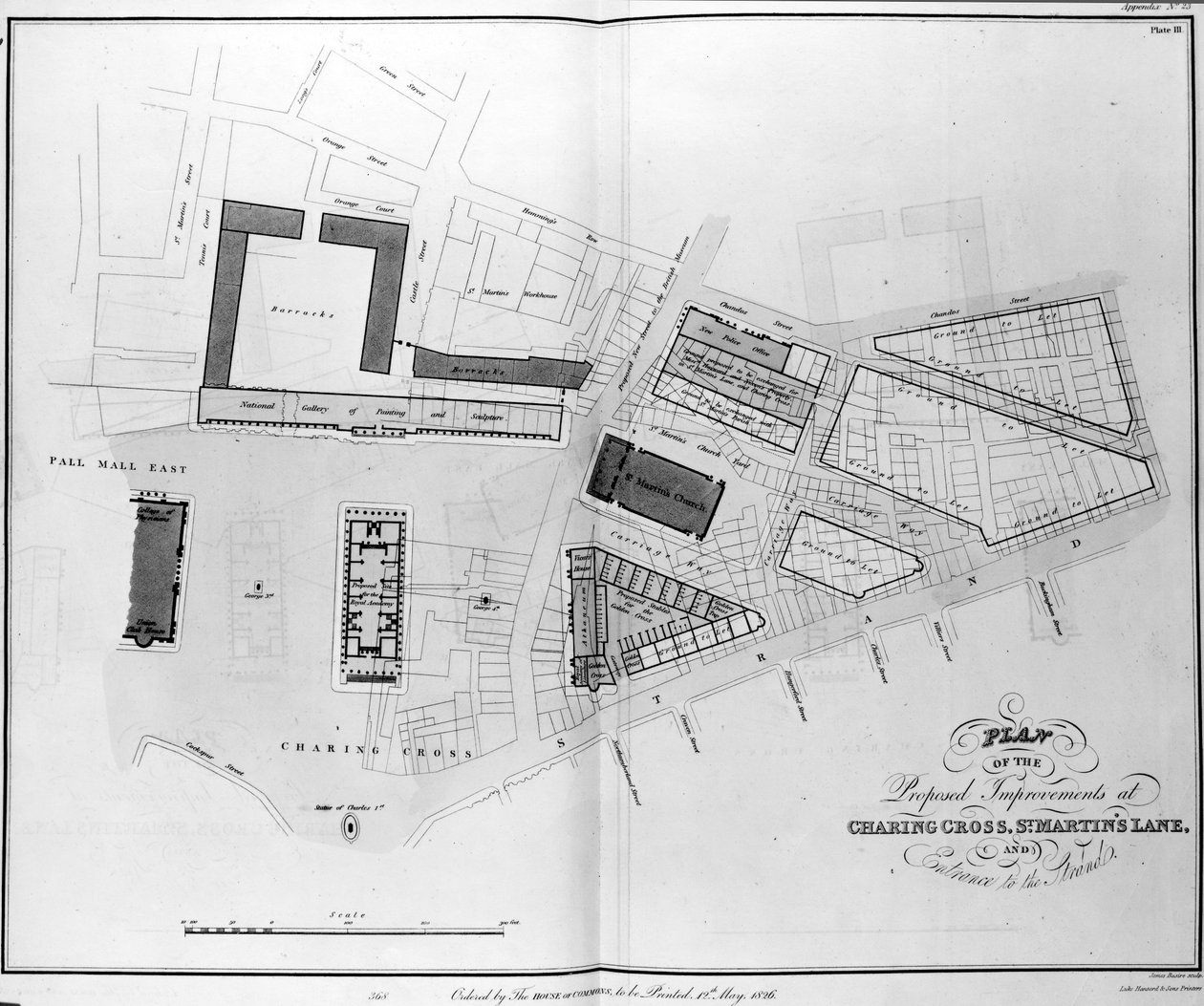 Plano das melhorias propostas em Charing Cross, na St. Martins Lane e na Entrance to the Strand, englobadas por James Basire, 1826 de English School