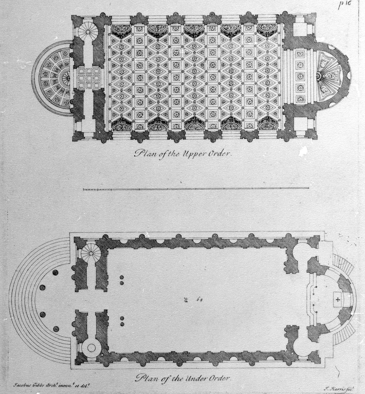 Plano das Ordens superiores e inferiores de St. Marys Le Strand, Westminster, 1720 de English School