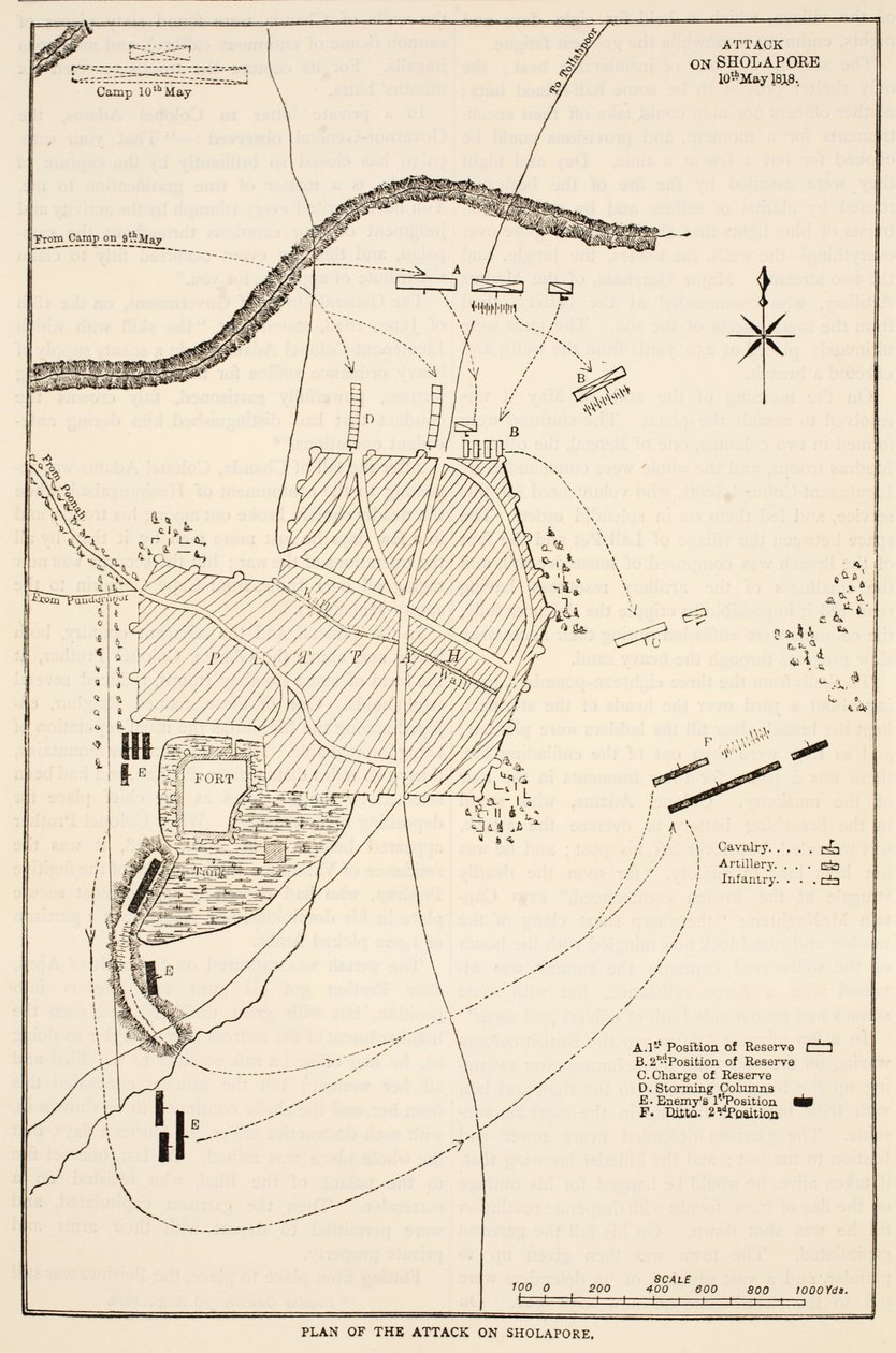 Plano do ataque a Sholapore, ilustração da história ilustrada de Cassells da Índia por James Grant, bar. 1879 de English School