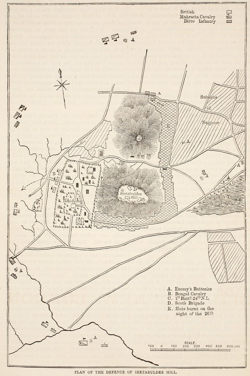 Plano da defesa do monte de Seetabuldee, ilustração da história ilustrada de Cassells da Índia por James Grant, bar. 1879 de English School