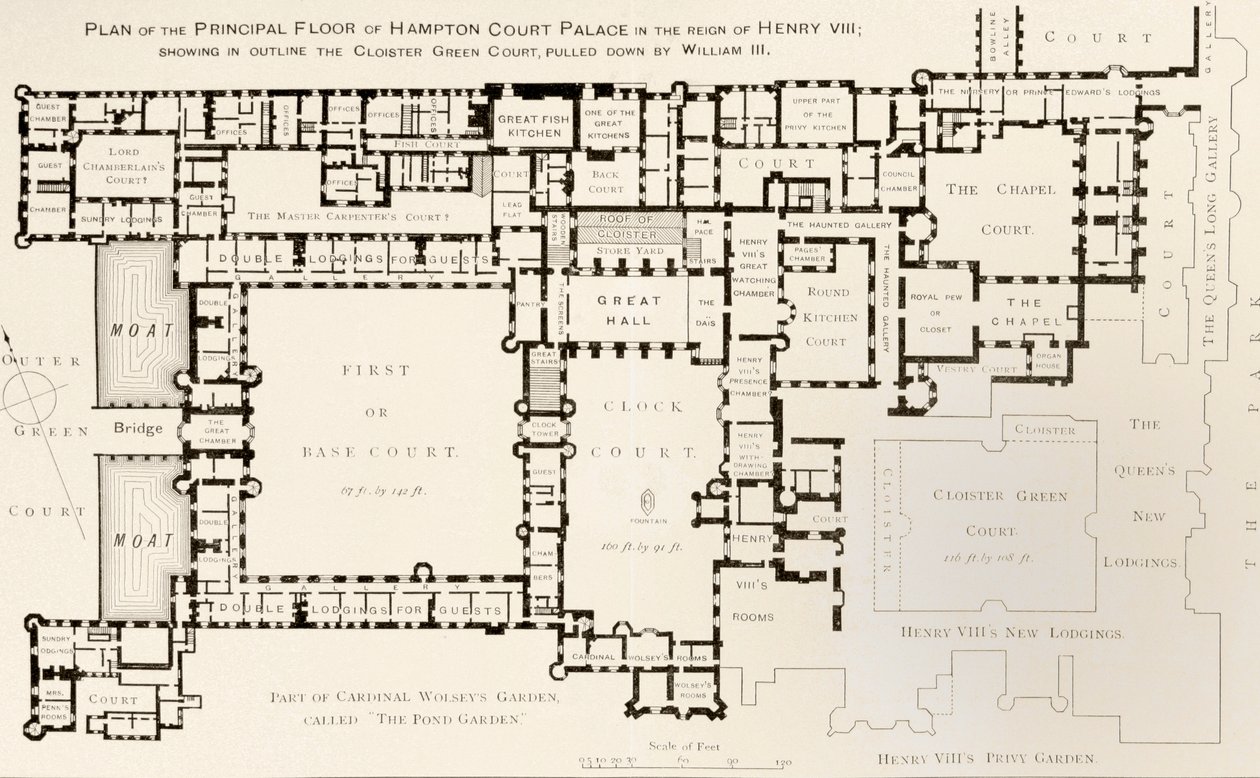 Plano do andar principal do Palácio de Hampton Court como era durante o reinado do Rei Henrique VIII, da História do Palácio de Hampton Court no Tudor Times por Ernest Law, publicado em Londres em 1885 de English School