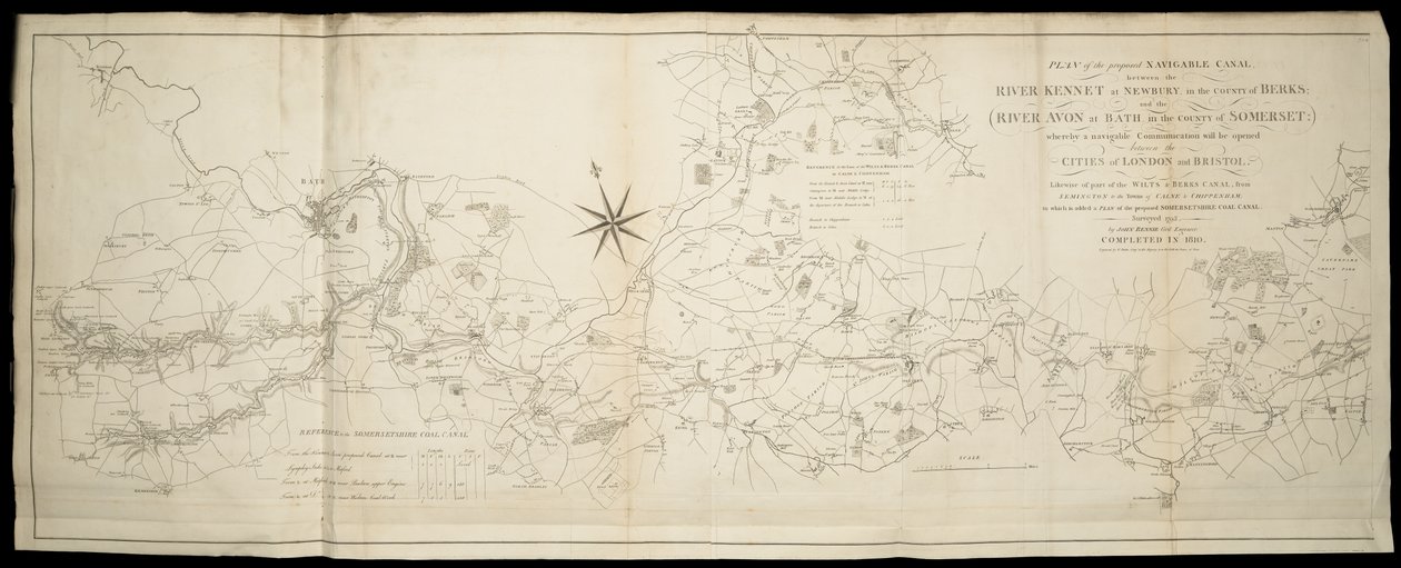 Plano do canal navegável proposto entre o rio Kennet em Newbury em Berks e o rio Avon em Somerset : por meio do qual uma comunicação navegável será aberta entre ..London e Bristol [também] Wilts & Berks & Somerset Coal Canals / Surveyed... por John Rennie de English School