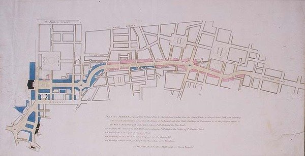 Plano apresentado à Câmara dos Comuns de uma rua proposta de Charing Cross a Portland Place, que leva ao Crown Estate no Marylebone Park de English School