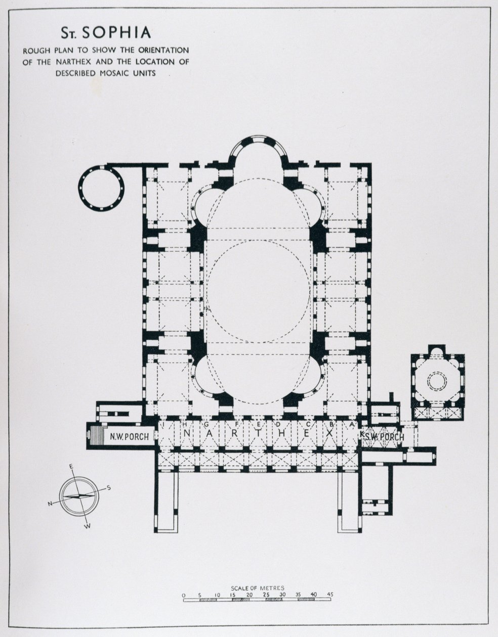 Plano para mostrar a orientação do narthex e unidades de mosaico descritas, de The Mosaics of Haghia Sophia em Istambul por Thomas Whittemore de English School