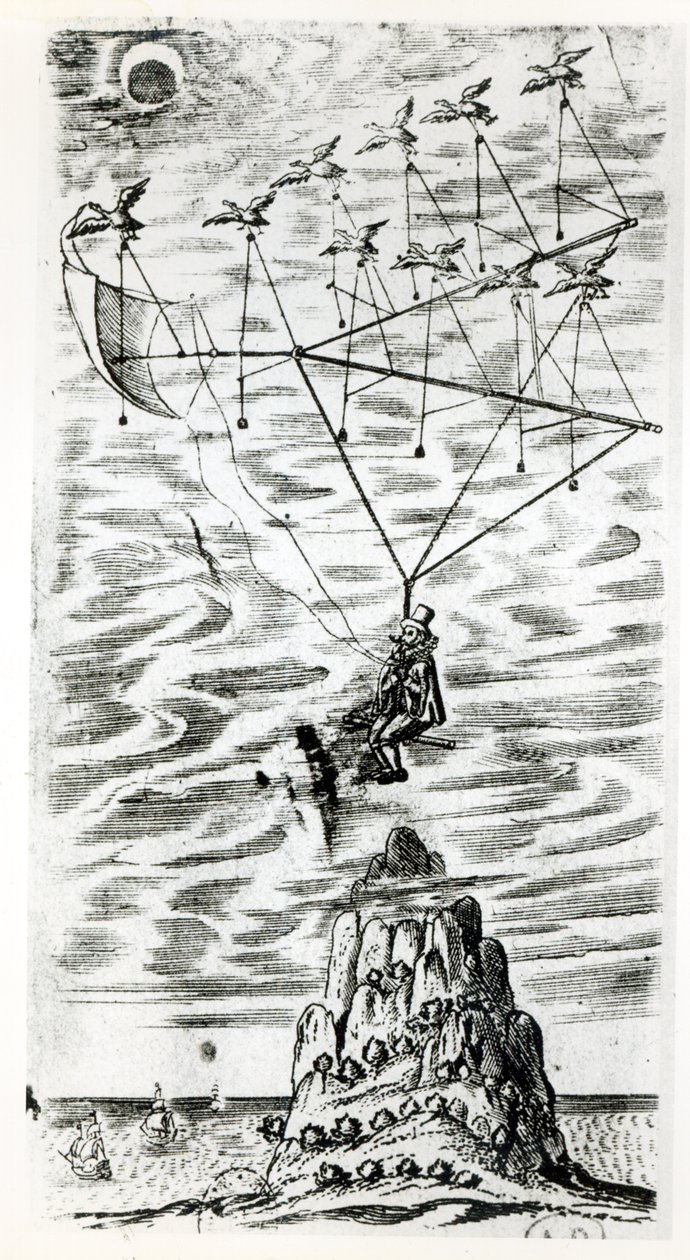Avião, ilustração do frontispício de O homem na lua ou um discurso de uma viagem feita por Domingo Gonsales, o veloz Mensageiro de Francis Godwin (1562-1633), publicado postumamente em de English School