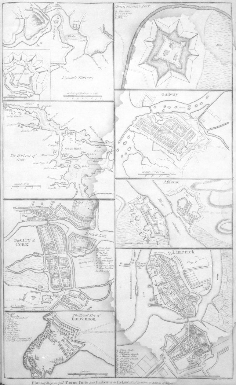Planos das Principais Cidades, Fortes e Portos da Irlanda, ilustração de &39;Harrison&39;s Edition of Rapin&39;, publicada c.1784-7 de English School