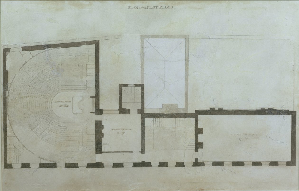Planos do primeiro andar de 21 Albemarle Street após as alterações iniciais para a casa após a sua aquisição pela Royal Institution, c.1800 (lápis e wc no papel) de English School