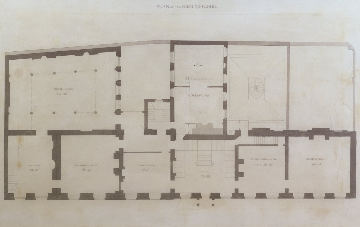 Planos do andar térreo de 21 Albemarle Street após as alterações iniciais para a casa após a sua aquisição pela Royal Institution, c.1800 (lápis e wc no papel) de English School