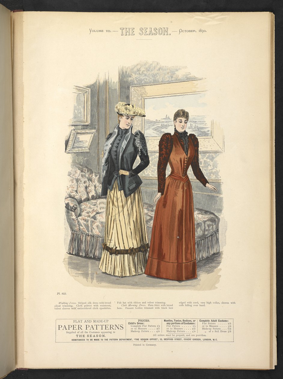 Prato 853, Vestido de passeio e vestido de manhã em tecido, The Season : revista ilustrada da senhora, 1890 de English School