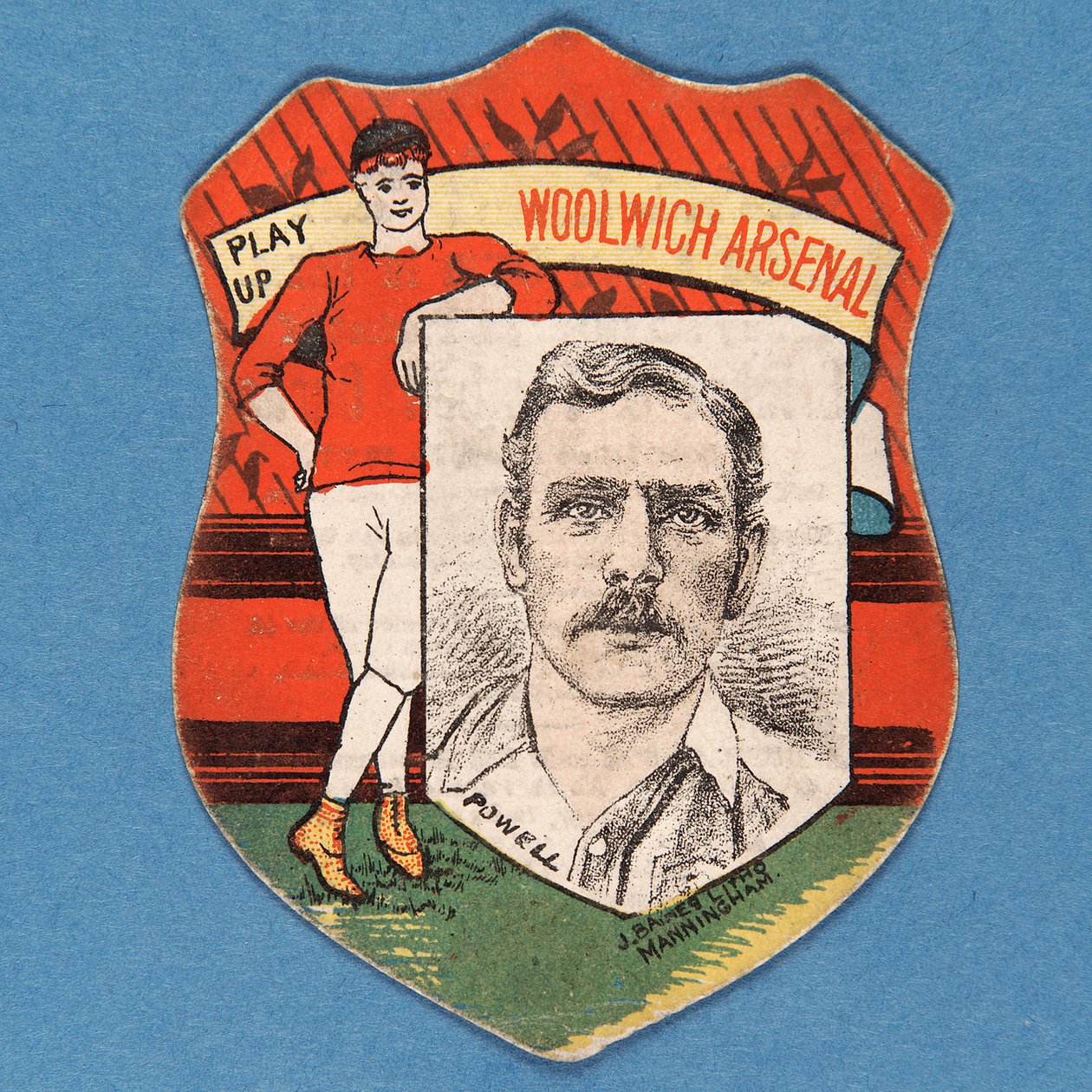 Play Up Woolwich Arsenal Powell, cartão de Baines em forma de escudo, 1888-89 de English School