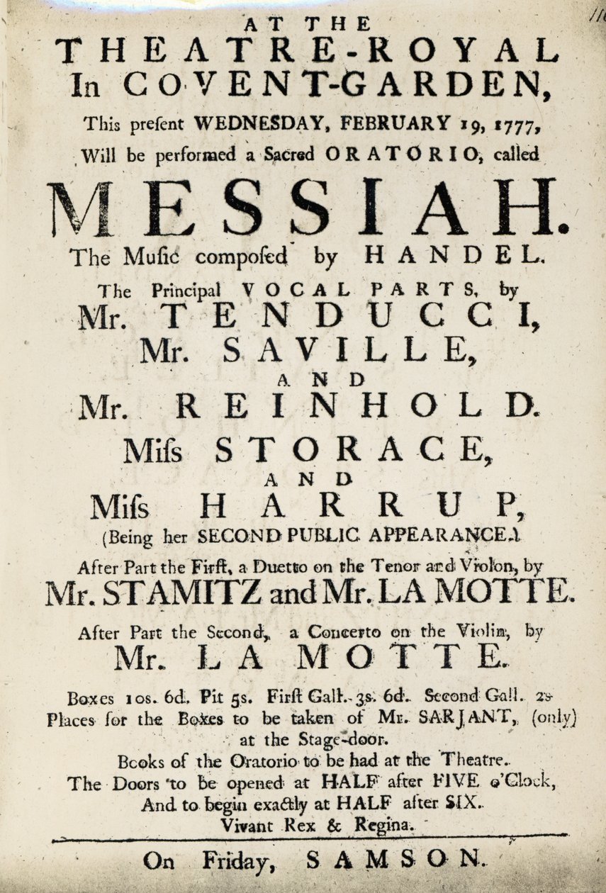 Playbill anunciando uma performance do Oratório de Handel, "Messias" em 1777 (papel impresso) de English School