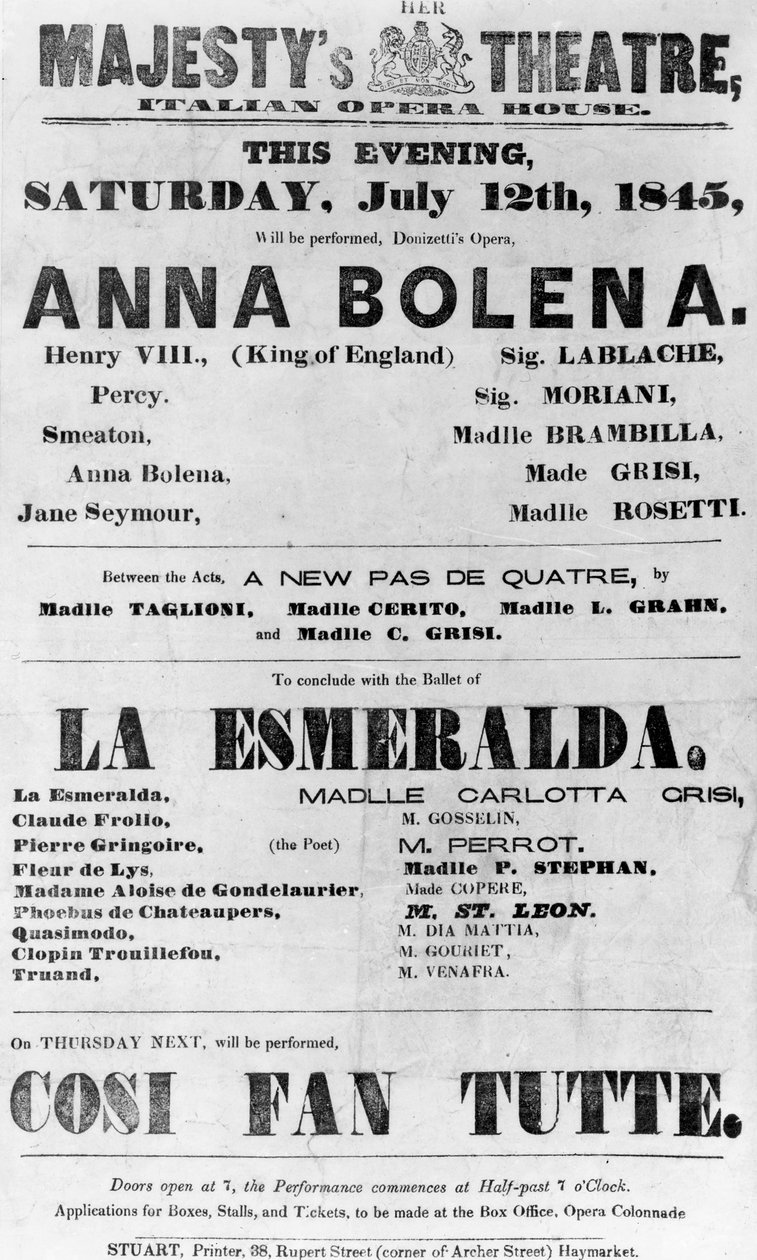 Playbill para o teatro de sua majestade, ópera italiana, 1845 (papel impresso) de English School