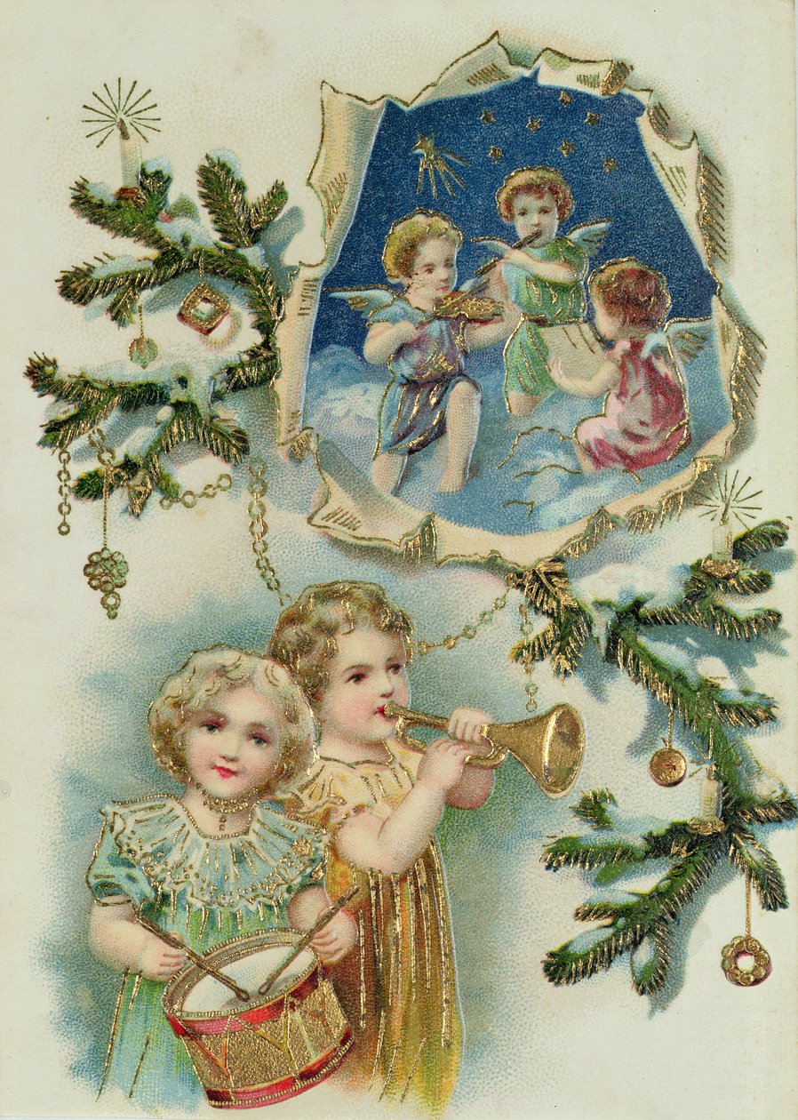 A tocar instrumentos musicais, postal de Natal vitoriano (impressão) de English School