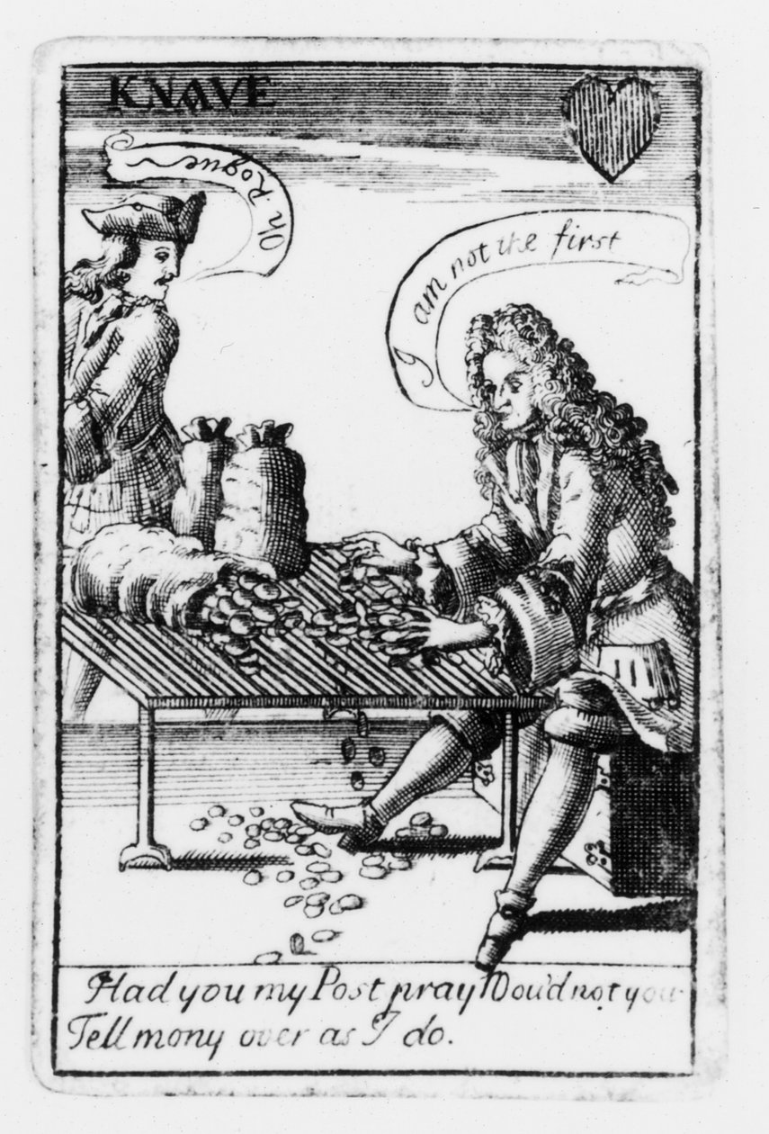 Jogo de cartas comemorativo da Guerra da Sucessão Espanhola, fato de coração, c.1707 (gravação) (foto a preto e branco) (detalhe de 115651) de English School