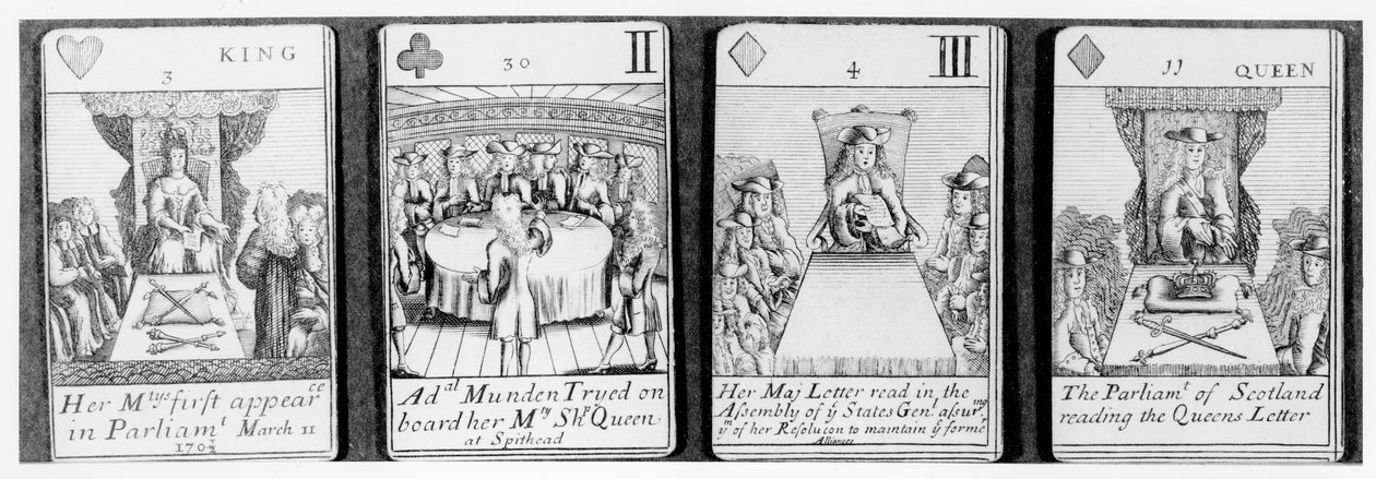 Cartas de jogar descrevendo eventos no início do reinado da rainha Anne, de um conjunto comemorativo da Guerra da Sucessão Espanhola (1702-13) de English School