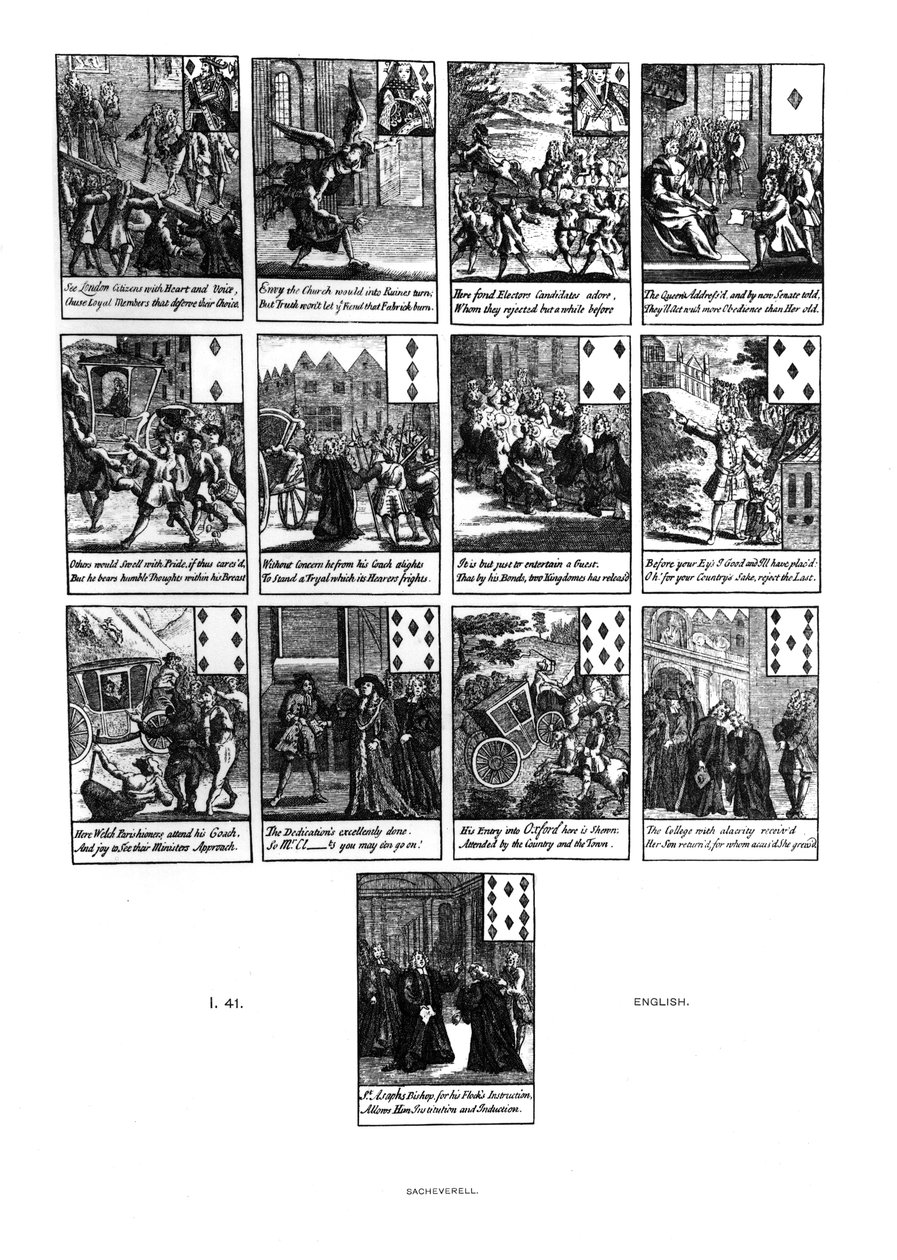 Cartas de jogar representando o impeachment de Henry Sacheverell (c.1674-1724) em 1710, terno diamante de English School