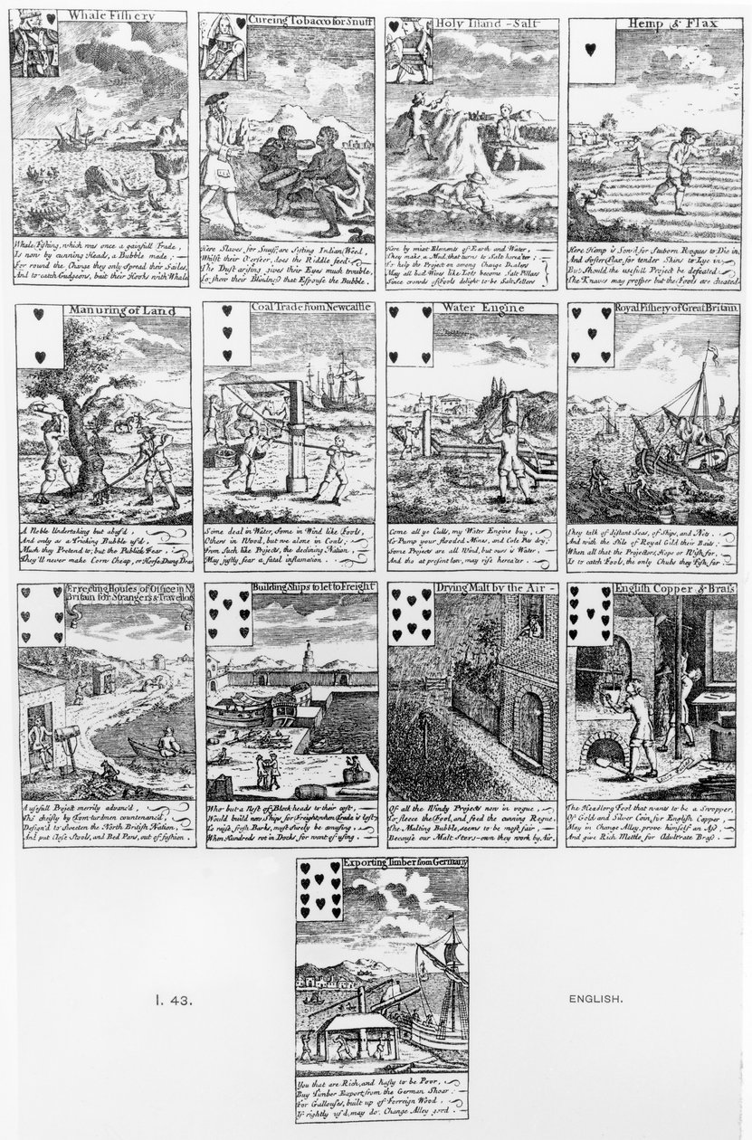 Cartas de jogar satirizando empreendimentos de bolha, c.1720 de English School