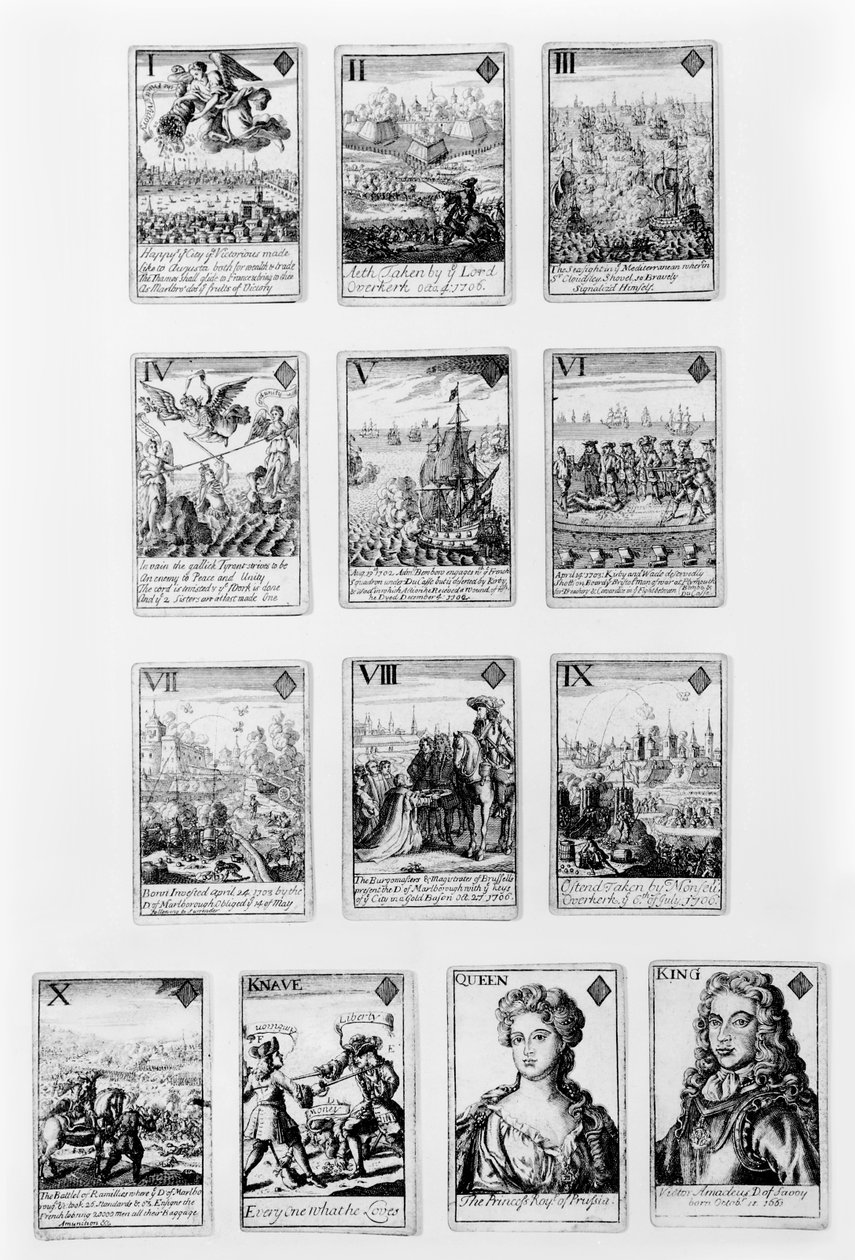 Cartas de jogar com personagens e cenas do início do século XVIII de English School