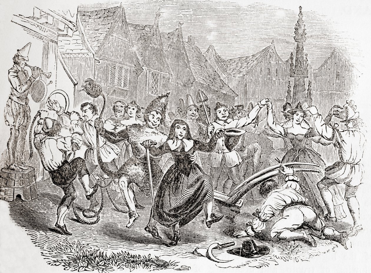 Celebrações de Plough Monday, a dança de Bessie e o Palhaço, da Velha Inglaterra: A Pictorial Museum, pub. 1847 de English School