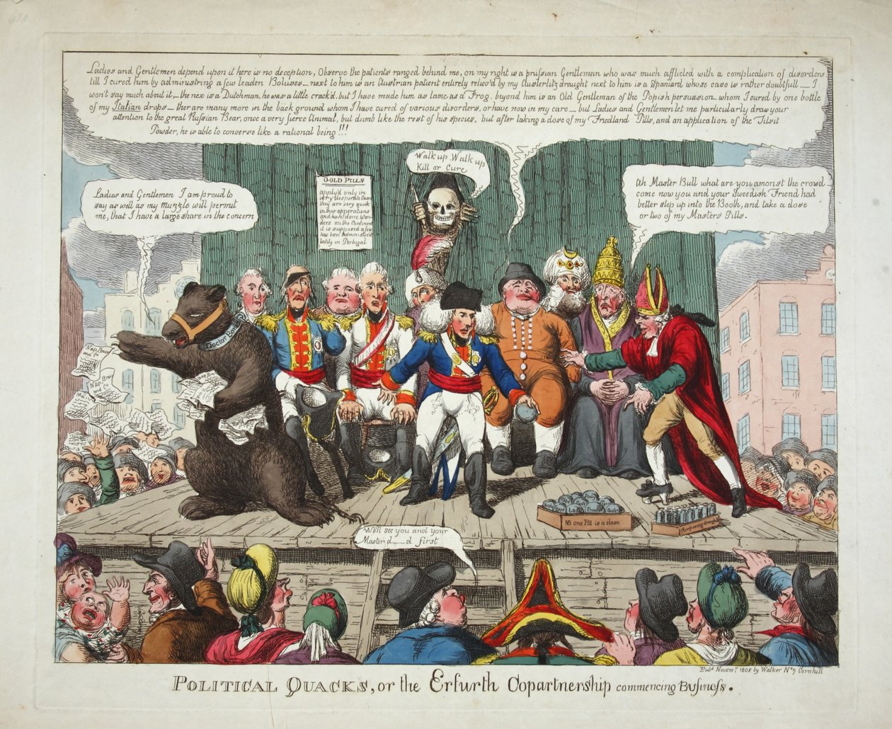 Quacks Políticos, ou a Copartnership de Erfurth a iniciar negócios, pub. 1808 (gravura a cores) de English School