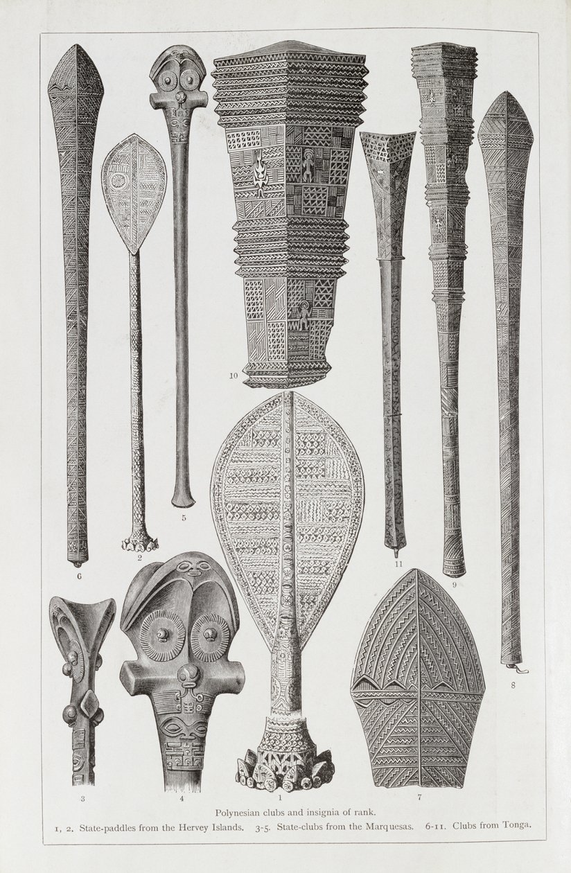 Clubes polinésios e insígnias de classificação, de &39;The History of Mankind&39;, Vol. 1, do Prof. Friedrich Ratzel, 1896 de English School