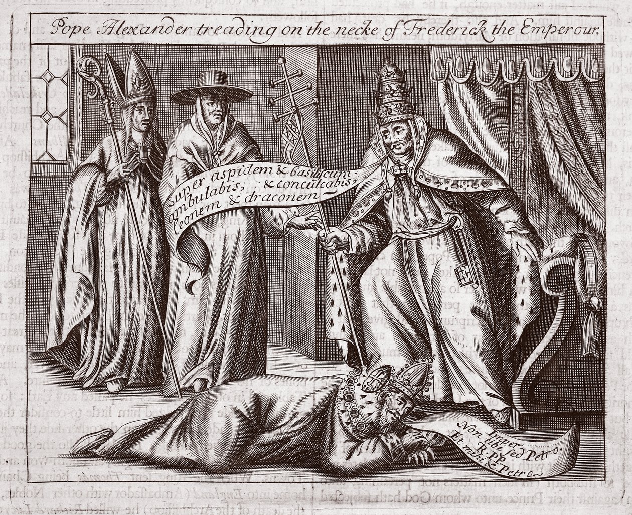 Papa Alexandre pisando no pescoço do Imperador Frederico, ilustração de Atos e Monumentos de John Foxe, nona edição, pub. 1684 de English School