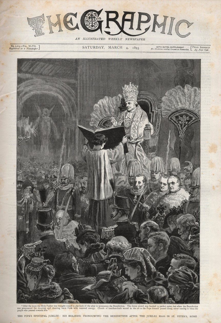 Papa Leão XIII (Leão XIII) O Jubileu Episcopal do Papa, Sua Santidade pronunciando a Bênção após a Missa Jubilar em São Pedro, Roma - Ilustração para o Gráfico, 4 de março de 1893. de English School