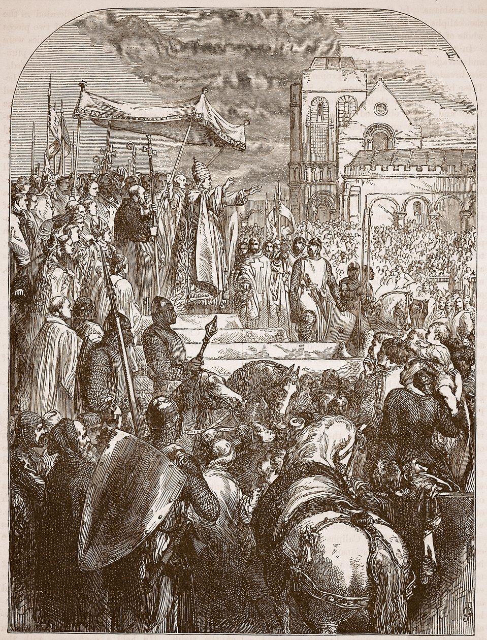Papa Urbano II pregando a Primeira Cruzada no mercado de Clermont, 1096, ilustração da História Ilustrada de Cassells da Inglaterra (foto sépia) de English School