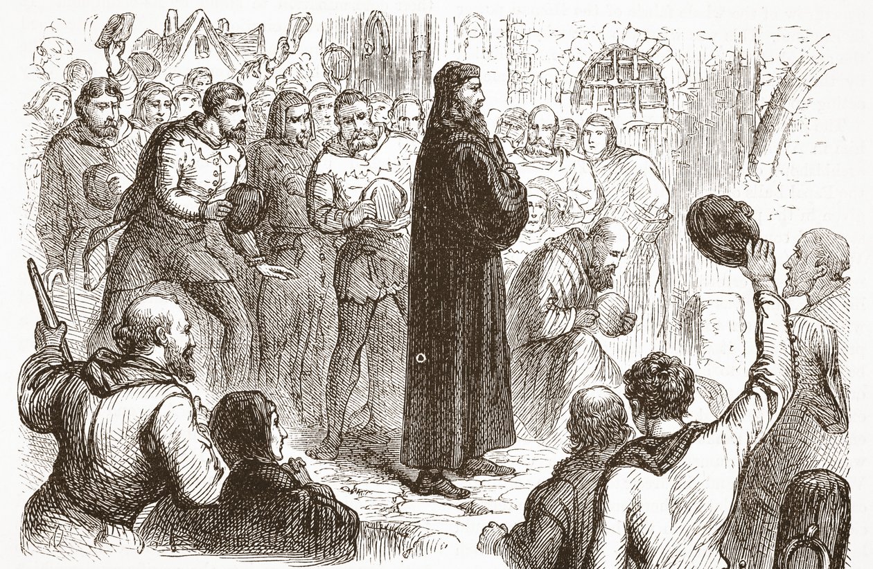 Demonstração popular no palácio de Lambeth em favor de Wicliffe, ilustração da história do protestantismo por James Aitken Wylie (1808-1890), bar. 1878 de English School