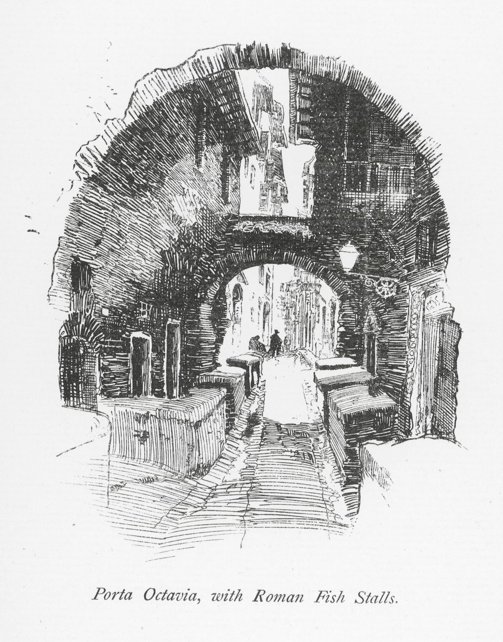 Porta Octavia, com bancas de peixe romanas (litografia) de English School