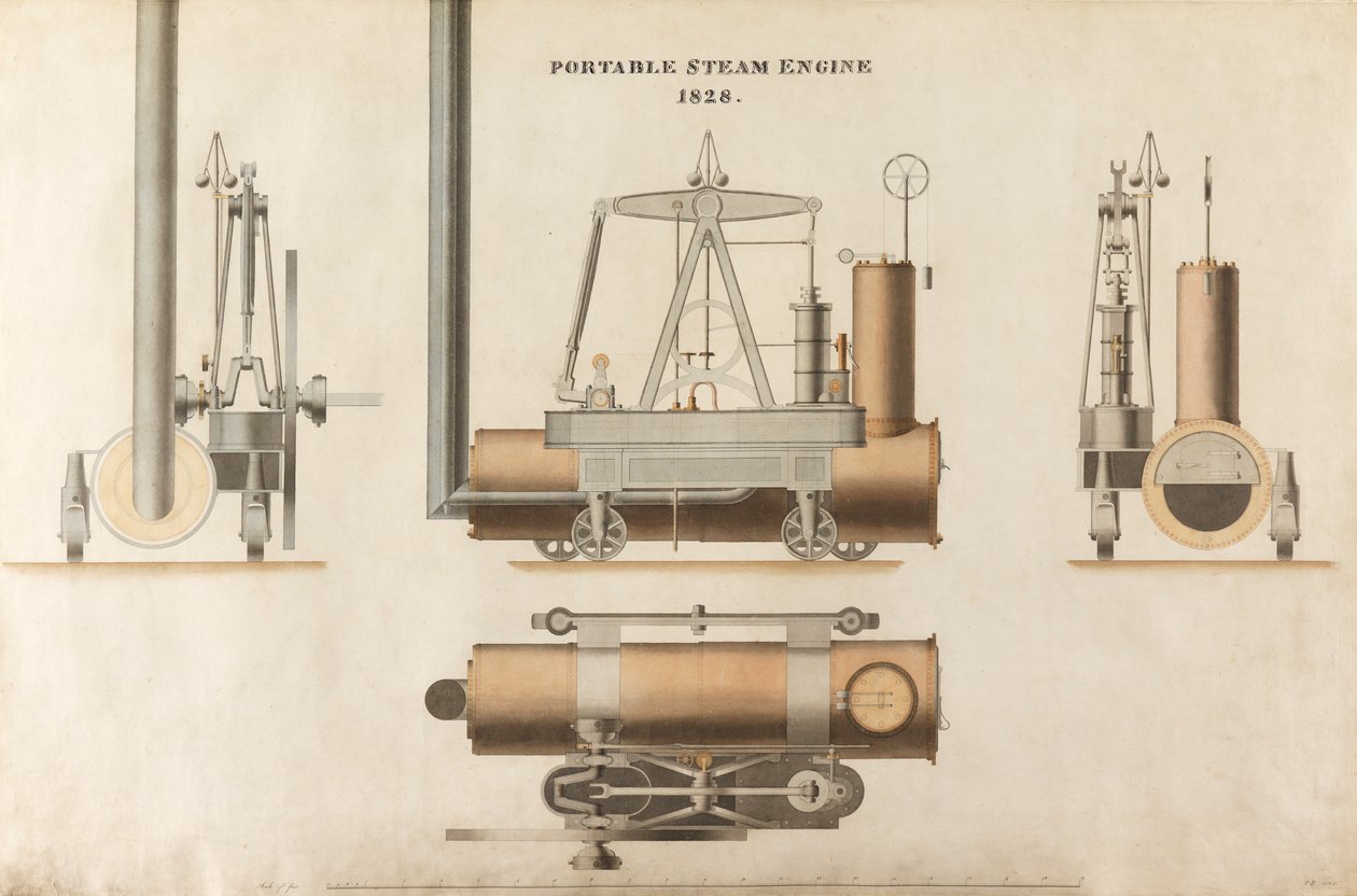 Motor a vapor portátil, projetado por Maudsley, Sons & Field, 1828 (caneta e tinta e wc no papel) de English School