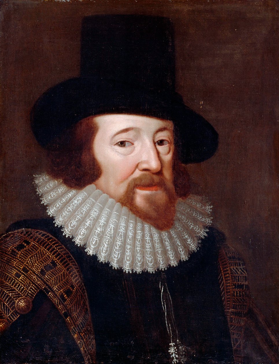 "Retrato de Francis Bacon (1561-1626), estadista e filósofo inglês" Pintura anónima cerca de 1622 - Óleo sobre tela Dim 61x47 cm de English School