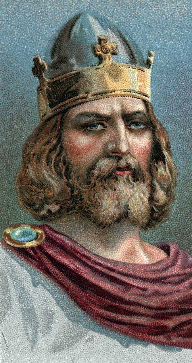 Retrato de Alfredo o Grande (Alfredo o Grande, 849-899), Rei de Wessex, 800s D.C. - Da série "Líderes dos Homens" - Cromolitografia - Escola Inglesa, século XX - de English School