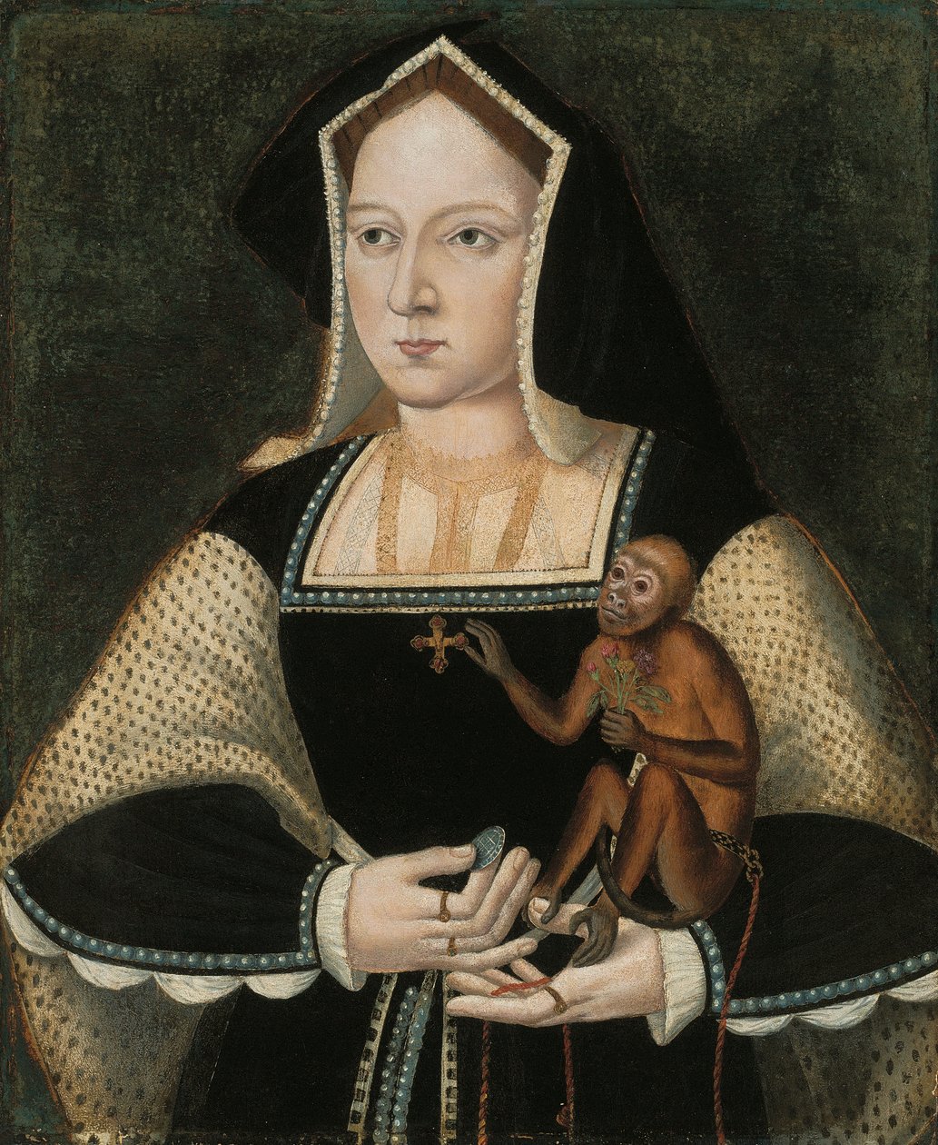 Retrato de Catarina de Aragão (1485-1536), rainha de Inglaterra, a meio comprimento, com um vestido preto e branco com uma cruz pendente, segurando um saguim e uma moeda (óleo sobre painel) de English School