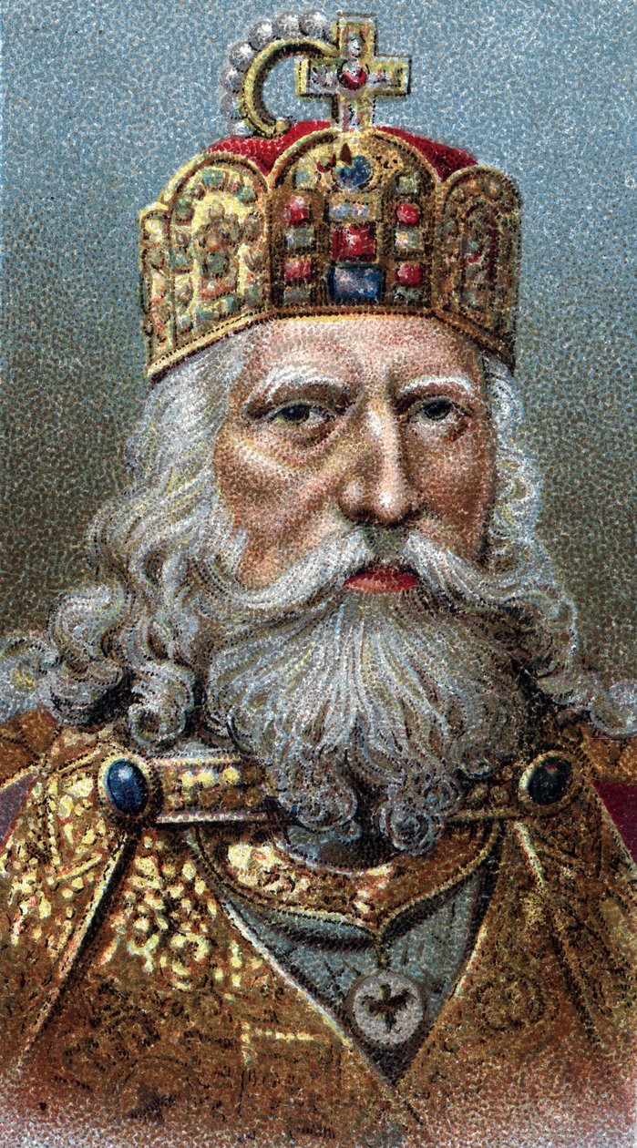 Retrato de Carlos Magno (742-814), Rei dos Francos - Carlos o Grande - Da série "Líderes dos Homens" - Cromolitografia - Escola Inglesa, século XX - de English School